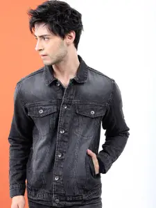 LOCOMOTIVE Men Black Solid Trucker Fit Denim Jacket