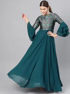 Inddus Women Teal Green Printed Maxi Dress