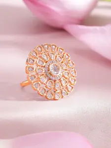 Rubans Gold-Toned CZ-Studded Floral-Shaped Cocktail Adjustable Ring