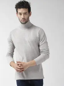 CHKOKKO Men Grey Melange Solid High Neck T-shirt