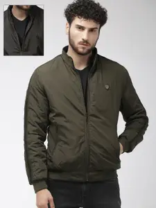 The Indian Garage Co Men Olive Green& Black Solid Reversible Bomber Jacket