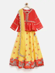 Biba Girls Yellow & Red Embroidered Ready to Wear Lehenga & Blouse with Dupatta