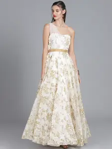 Ethnovog Women Off-White Floral Printed Made to Measure Cocktail Gown