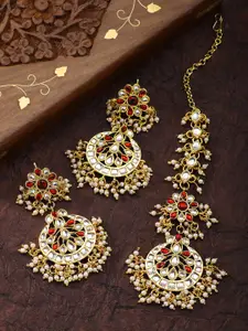Peora 18K Gold Plated Kundan & Pearl Maang Tikka Earring Set