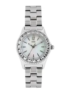 GUESS Women Pearly White Dial Embellished Watch W0025L1