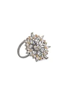 ANIKAS CREATION Women Silver-Toned Rhodium-Plated CZ-Studded Adjustable Finger Ring