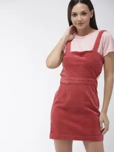 FOREVER 21 Women Solid Red Corduroy Pinafore Dress