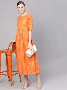 GERUA Women Orange & Golden Block Print Maxi Dress