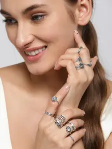 Jewels Galaxy Women Set of 16 Silver-Plated Oxidized Finger Rings