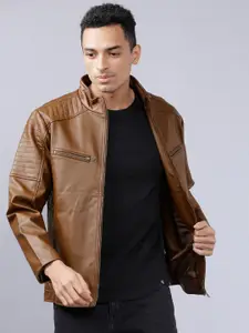 HIGHLANDER Men Brown Solid Biker Jacket