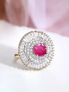 Rubans Gold-Plated Red CZ-Studded Hand-Painted Statement Finger Ring