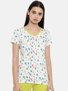 zebu Women White & Green Printed V-Neck Lounge T-shirt