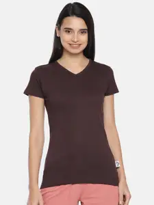 zebu Women Brown Solid V-Neck Pure Cotton T-shirt