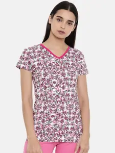 zebu Women Pink & White Printed V-Neck Lounge T-shirt