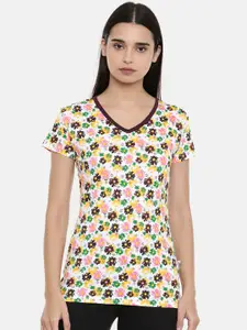 zebu Women White & Brown Printed V-Neck Lounge T-shirt