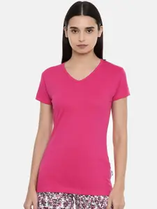 zebu Women Pink Solid V-Neck T-shirt 299_1ZW_VN_PLN_RPK_XL