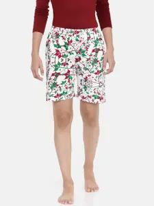 zebu Women White & Green Lounge Printed Shorts