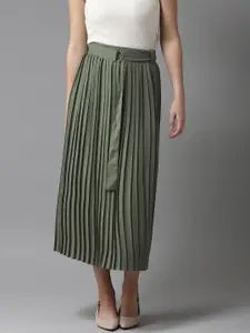 Moda Rapido Women Olive Green Accordion Pleats Solid A-Line Skirt