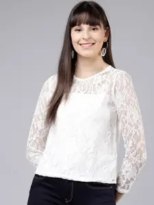 Tokyo Talkies Women Off-White Self Design Top