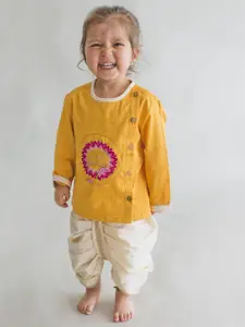 Tiber Taber Boys Mustard Yellow & Cream-Coloured Embroidered Kurta with Dhoti Pants