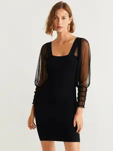 MANGO Women Black Solid Semi-Sheer Sheath Dress