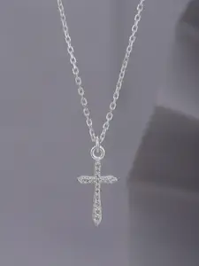 Carlton London Silver-Toned Rhodium-Plated CZ-Studded Cross Dangler Necklace