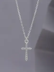 Carlton London Rhodium Plated Cubic Zirconia Studded Greek Cross Pendant with Chain