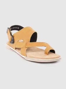 Woodland Men Mustard Yellow Printed Leather One Toe Comfort Sandals
