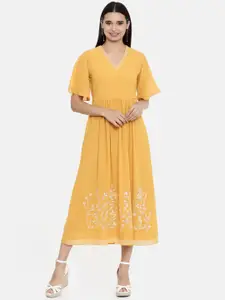 AND Women Solid Mustard Yellow Fit and Flare Dress