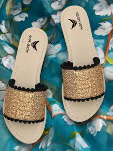 AADY AUSTIN Women Gold-Toned Woven Design Open Toe Flats