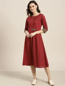 Sangria Maroon & White Striped A-Line Dress