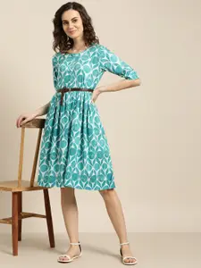 Sangria Blue & White Ethnic Motifs Printed Cotton A-Line Dress