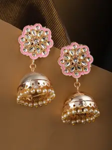 Priyaasi Pink & Off-White Gold-Plated Kundan Enamelled Handcrafted Dome Shaped Jhumkas