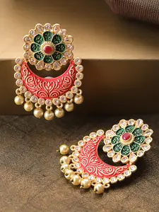 Priyaasi Pink & Green Gold-Plated Kundan-Studded & Enamelled Crescent Shaped Chandbalis