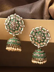 Priyaasi Green Antique Gold-Plated Kundan-Studded Meenakari Dome Shaped Jhumkas