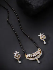 Priyaasi Black Gold-Plated Beaded & AD Studded Mangalsutra & Earrings Set