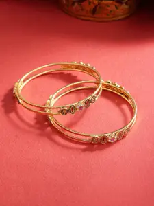 Priyaasi Set of 2 Pink Gold-Plated Stone-Studded Enamelled Textured Bangles