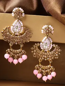 Priyaasi Pink Gold-Plated Stone Studded & Beaded Handcrafted Crescent Shaped Chandbalis