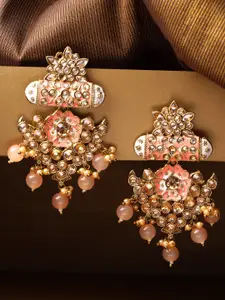 Priyaasi Peach-Coloured Antique Gold-Plated Kundan Hand Painted Floral Drop Earrings