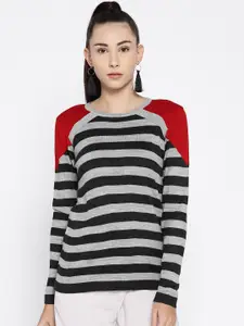 Cayman Women Grey Melange & Black Striped Sweater