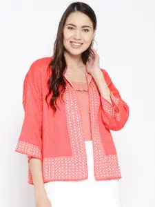 Cayman Women Coral Pink & White Wool Self Design Open Front Sweater