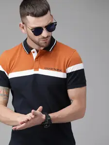The Roadster Lifestyle Co Men Navy Blue  Rust Orange Colourblocked Polo Collar Pure Cotton T-shirt