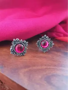 FIROZA Set of 2 Oxidised Silver-Toned & Pink Stone-Studded Textured Adjustable Toe Rings