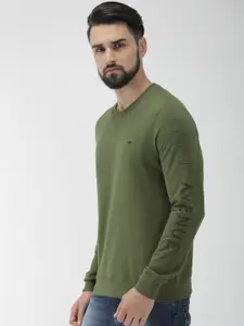 Park Avenue Men Olive Green Solid Slim Fit Pullover Sweatshirt