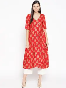 Varkha Fashion Women Red & Golden Printed Angrakha A-Line Kurta
