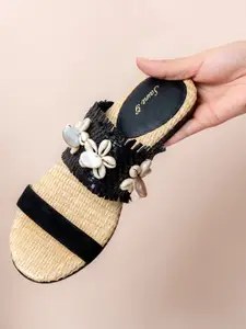 Saint G Women Black Woven Design Leather Open Toe Flats