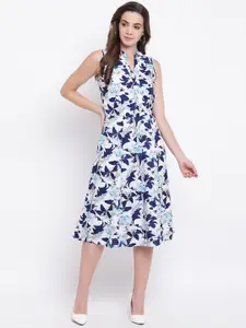 Deewa Women White & Blue Floral Print A-Line Dress