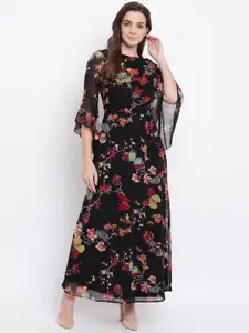 Deewa Black & Maroon Floral Printed Maxi Dress