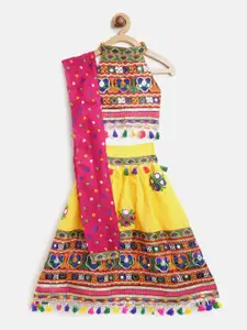 BownBee Girls Yellow & Green Embroidered Ready to Wear Lehenga & Blouse with Dupatta