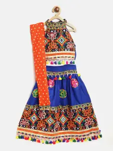 BownBee Girls Blue & Orange Embroidered Ready to Wear Chaniya Choli